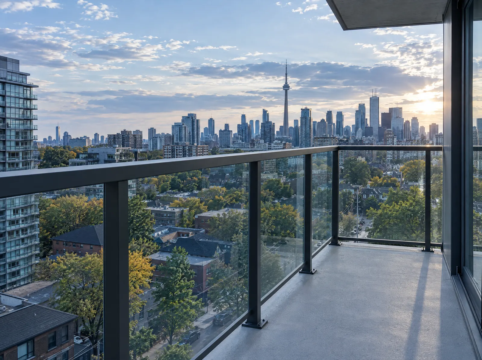 New glass and steel balcony guard on a mid-rise building overlooking Toronto