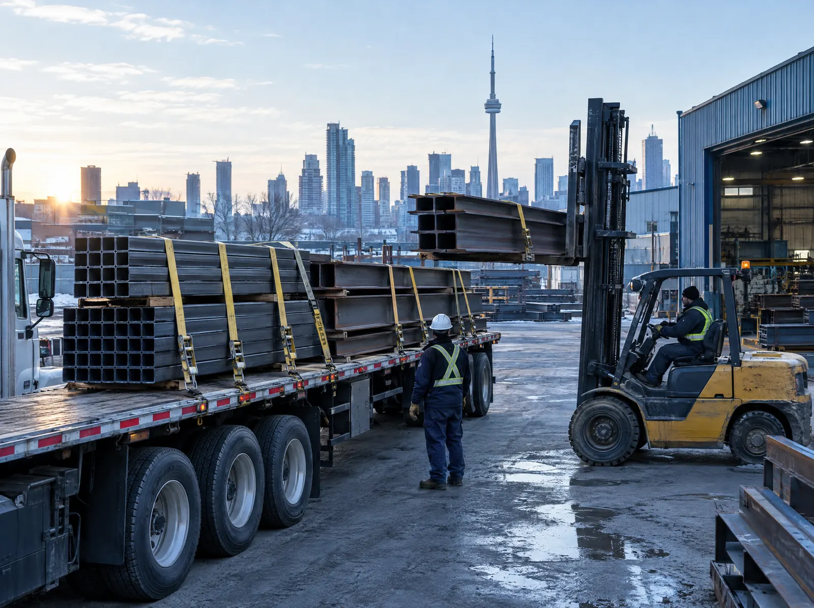 Flatbed truck loaded with steel beams and tubes being unloaded in the shop yard