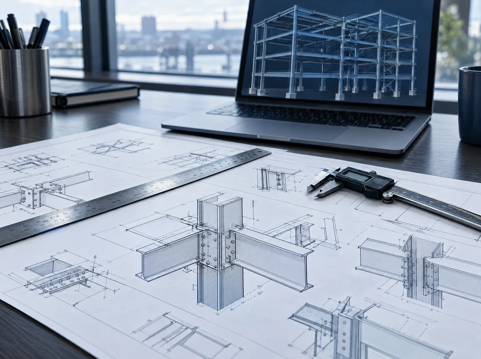 Printed structural shop drawings with calipers and a laptop showing a steel frame model