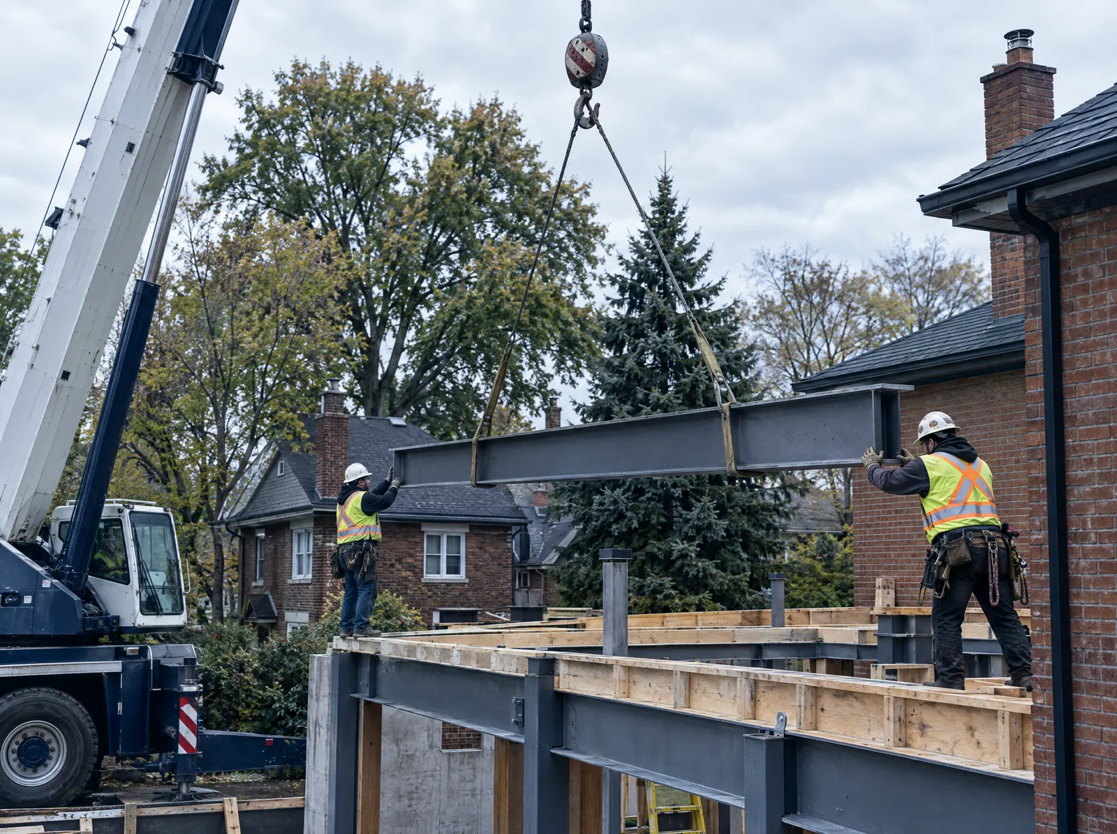 Crane lowering a steel beam into place on a residential addition while two ironworkers guide it