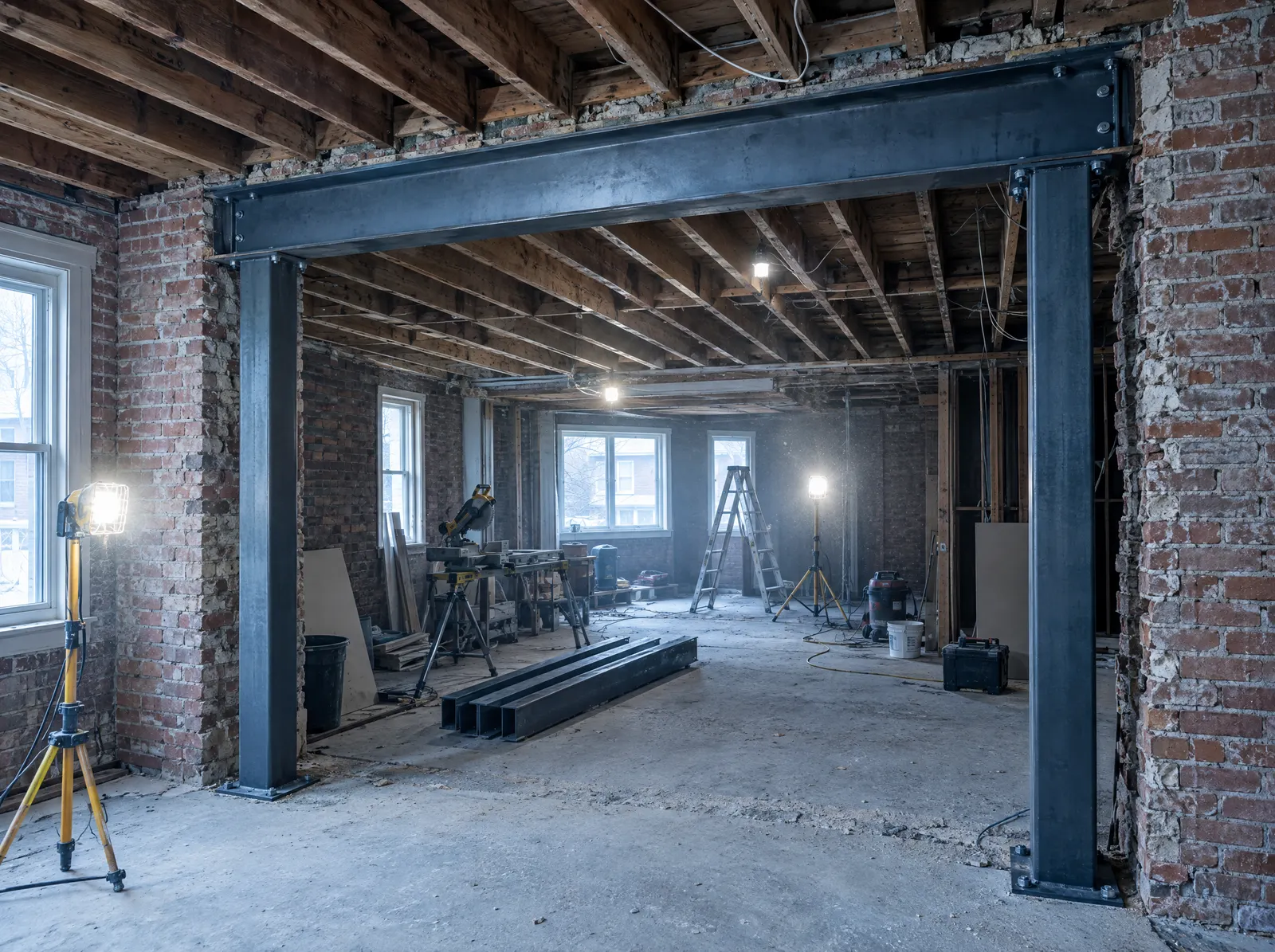 New steel lintel and posts installed over a wide opening in a brick wall during a renovation