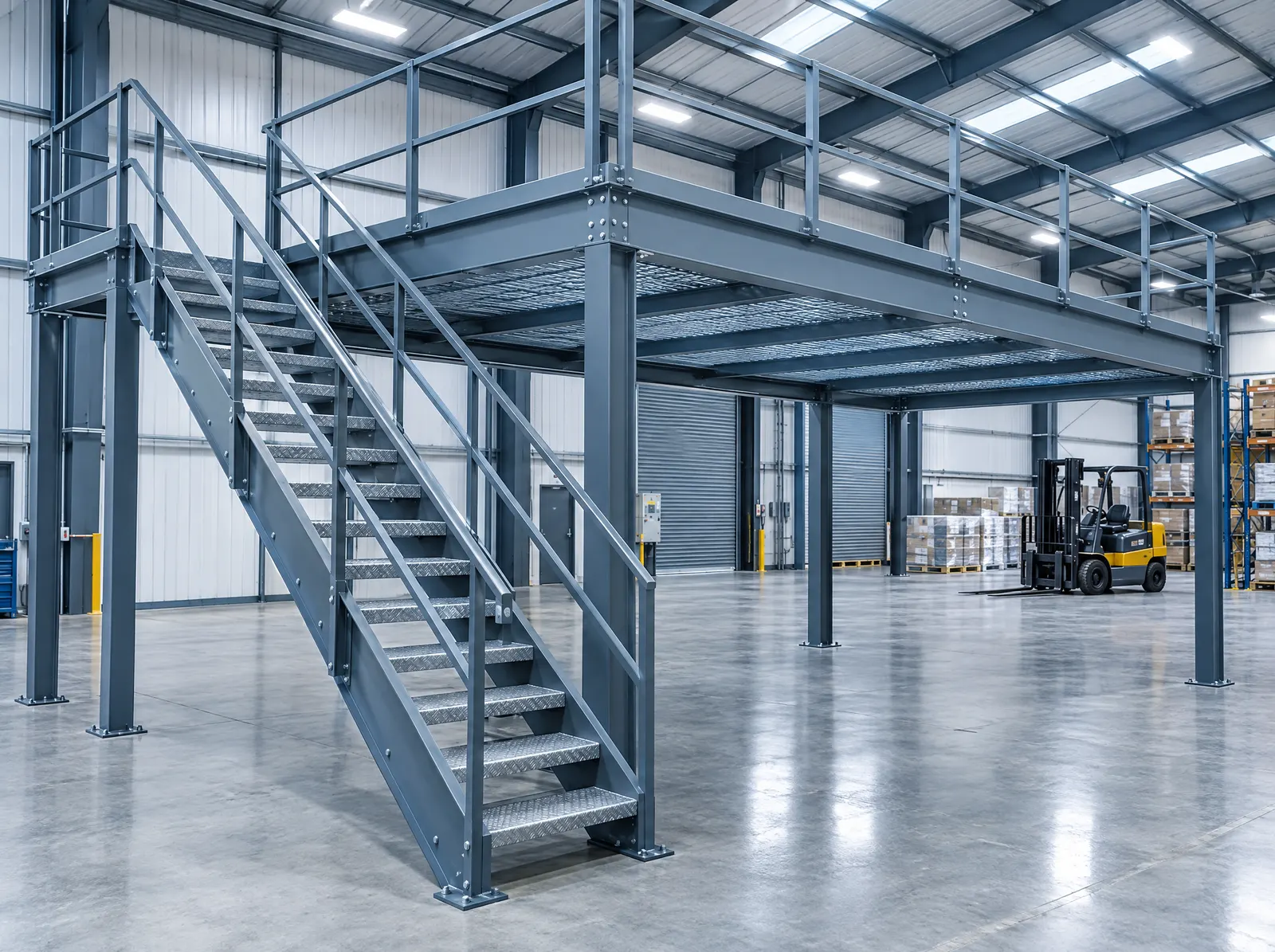 Steel mezzanine with grating deck, industrial stair and guards inside a warehouse