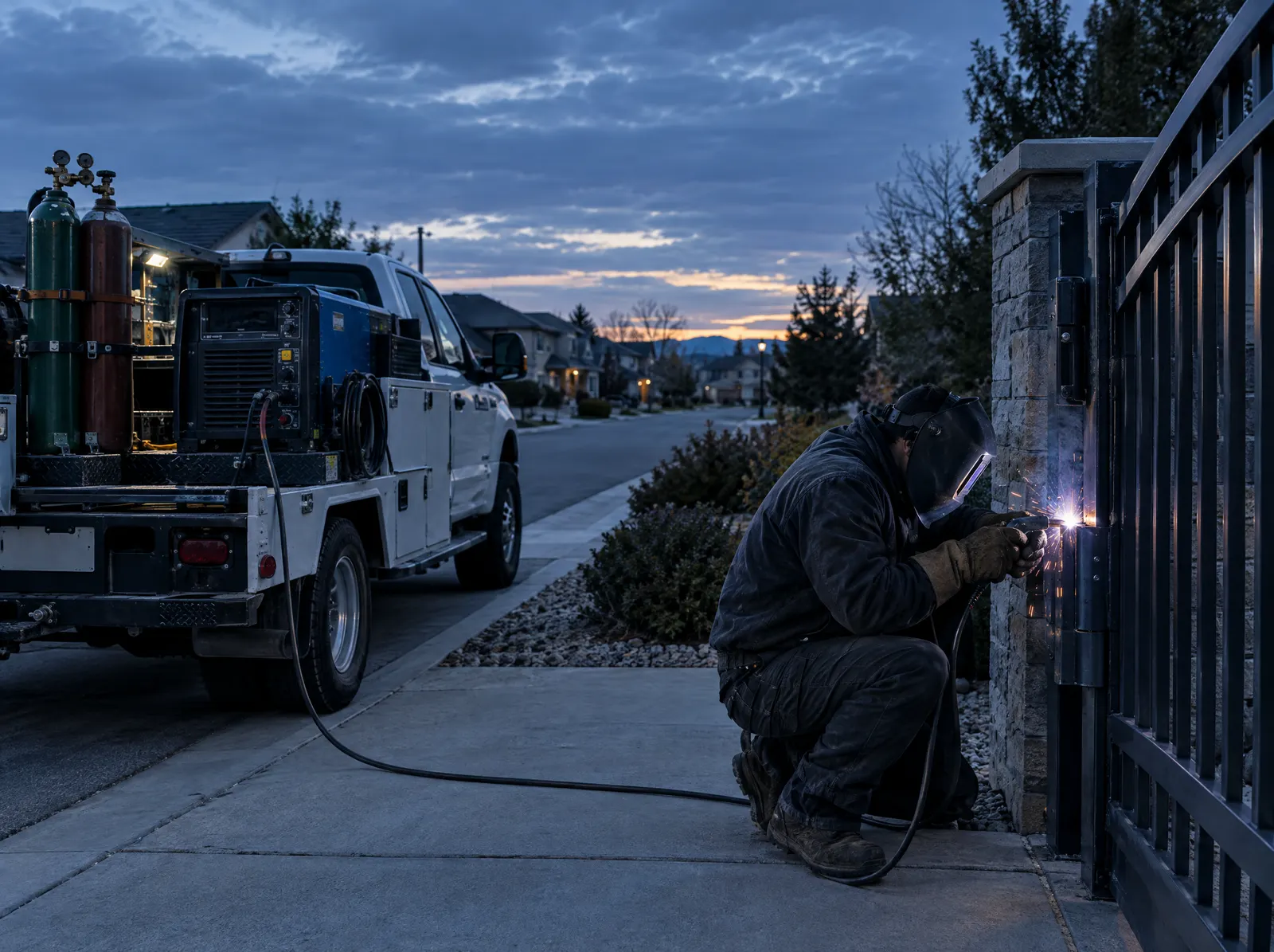 Mobile welding truck at a job site at dusk with a welder repairing a steel gate