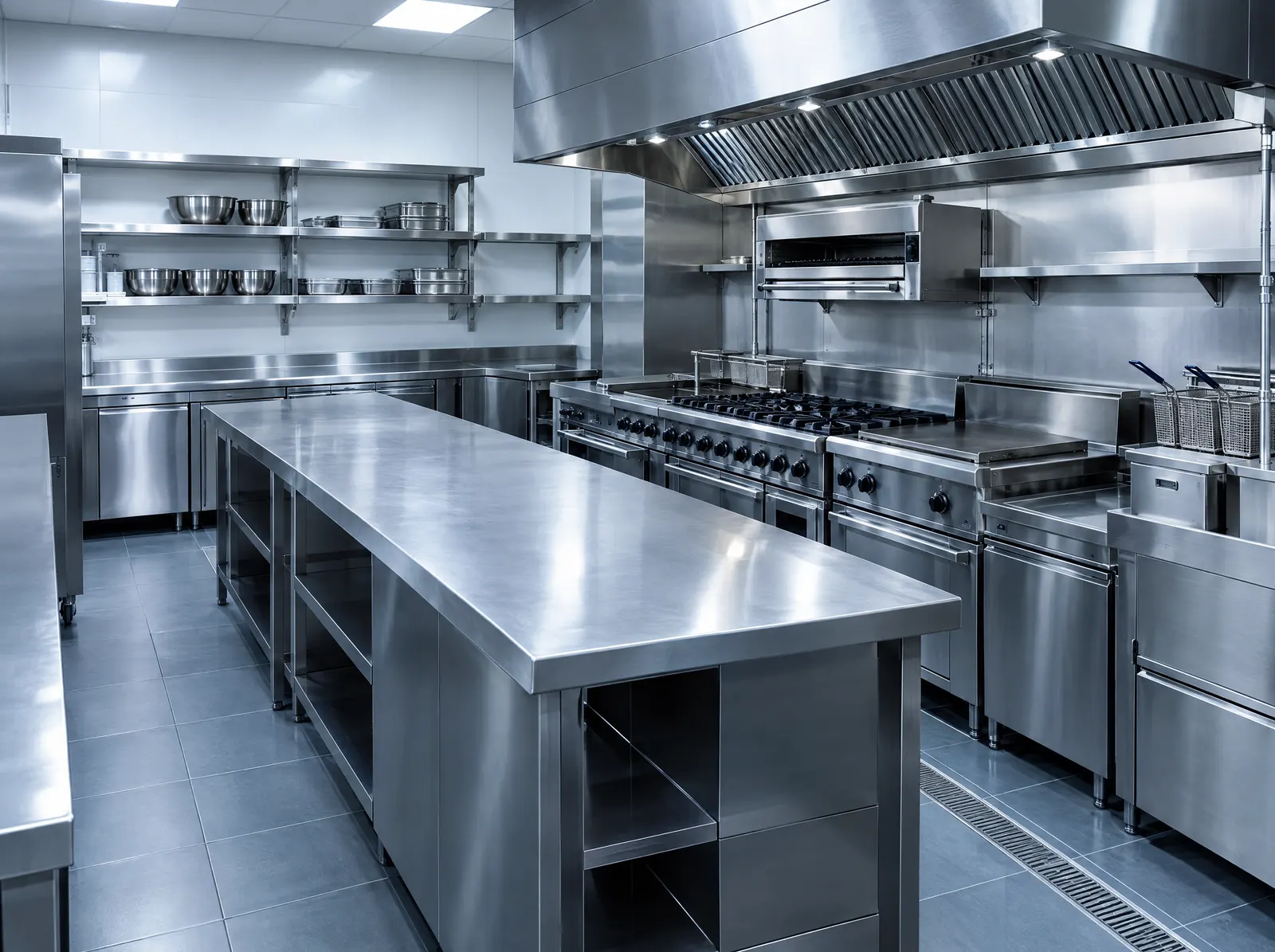 Brushed stainless steel counters, shelving and hood in a restaurant kitchen
