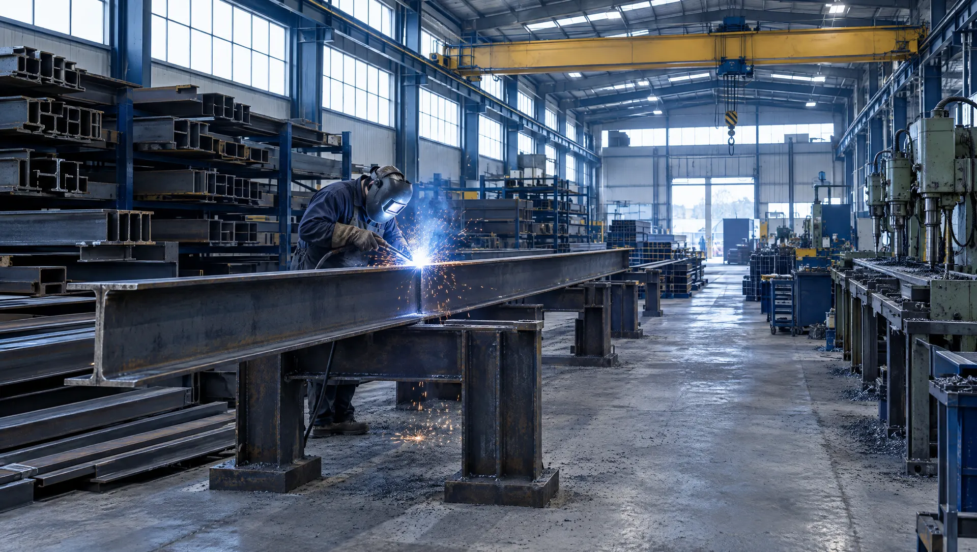 Welder working on a long steel beam inside the Kortex fabrication shop
