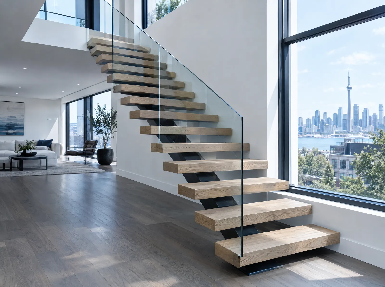 Floating mono-stringer steel stair with oak treads and a glass guard in a modern home
